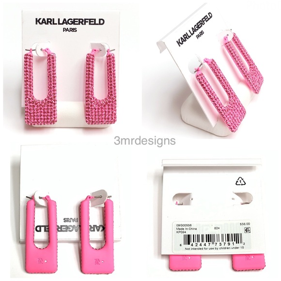 NWT KARL LAGERFELD Pink Color-Coated Glass Crystal Square Hoop Earrings - Picture 7 of 7